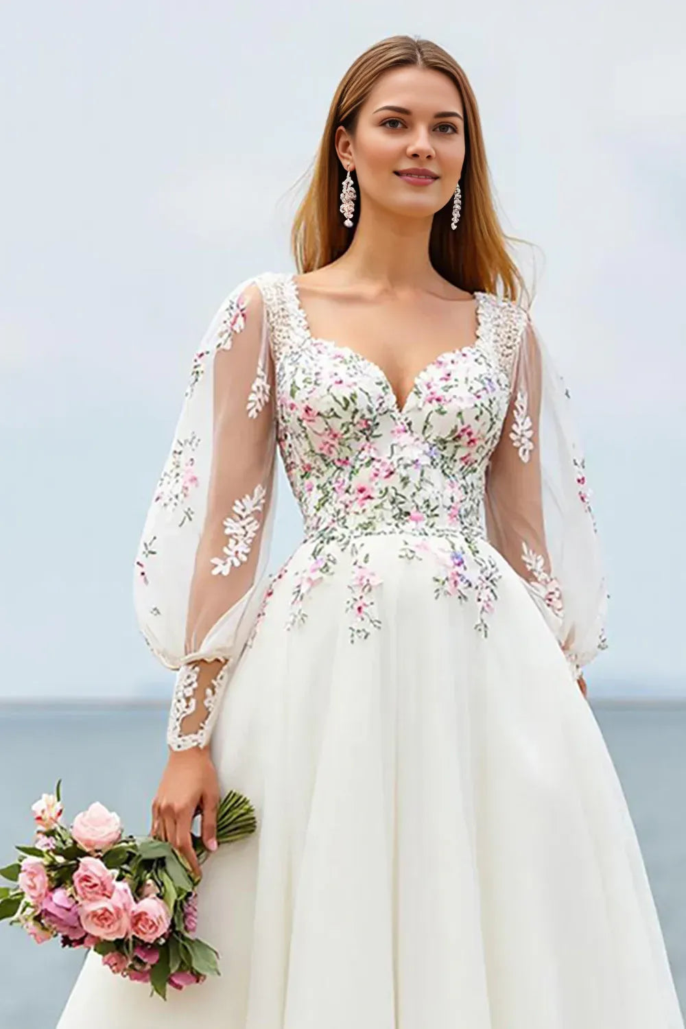 Romantic A Line V Neck Long Sleeve Appliques Tulle Sweep Train Wedding Dress