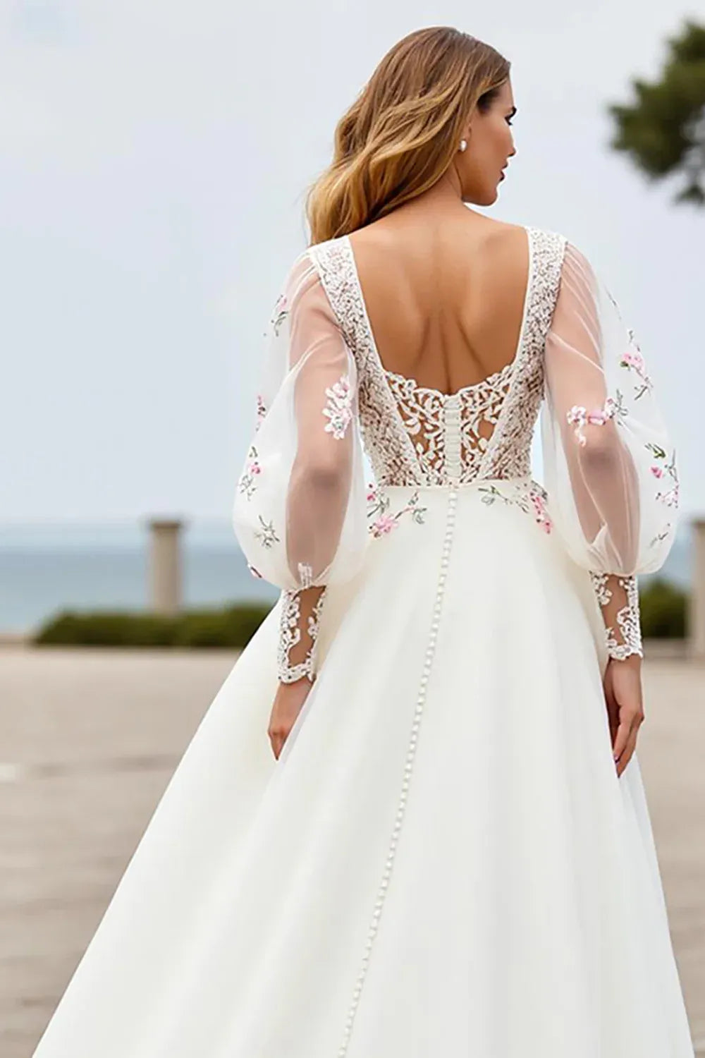 Romantic A Line V Neck Long Sleeve Appliques Tulle Sweep Train Wedding Dress