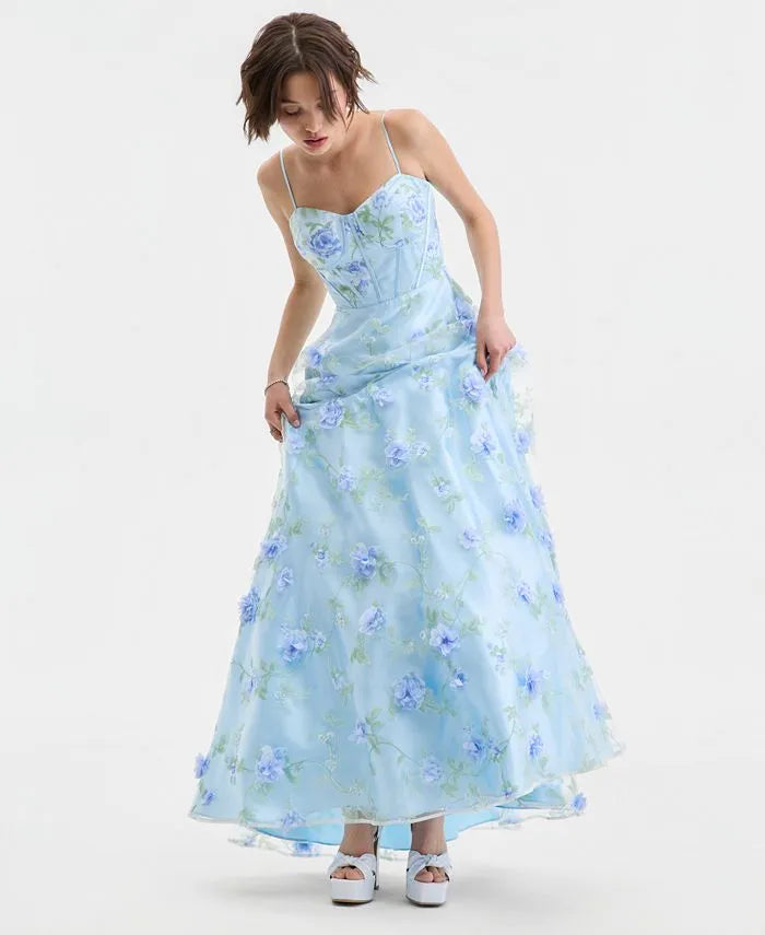 Romantic Ball Gown Sweetheart Sleeveless Flower Printed Tulle Floor-Length Prom Dress