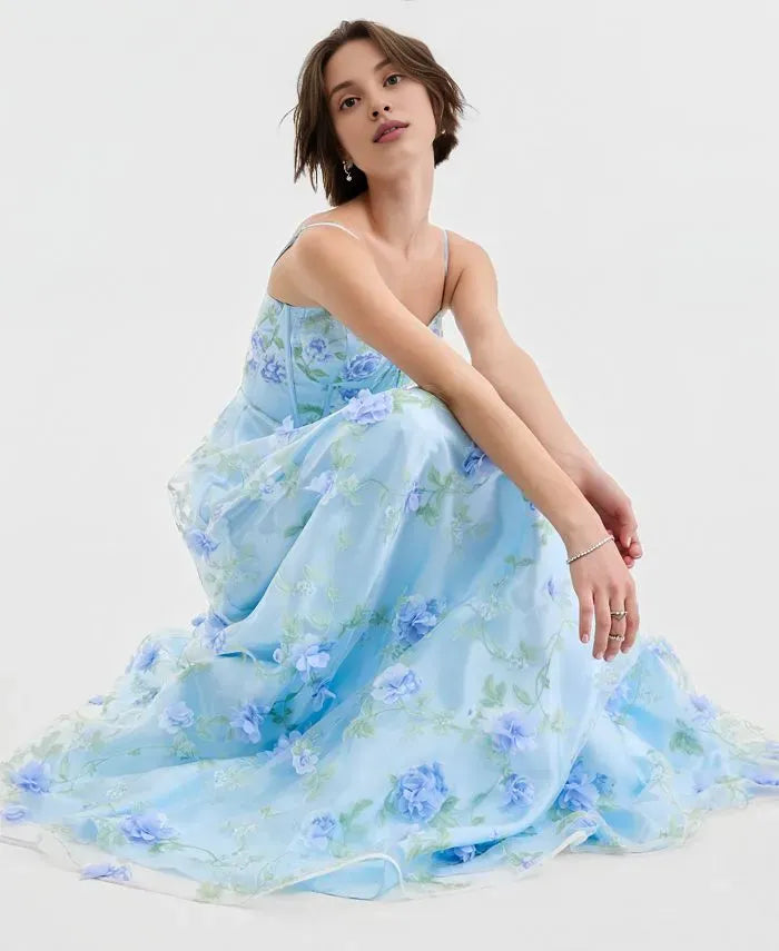 Romantic Ball Gown Sweetheart Sleeveless Flower Printed Tulle Floor-Length Prom Dress
