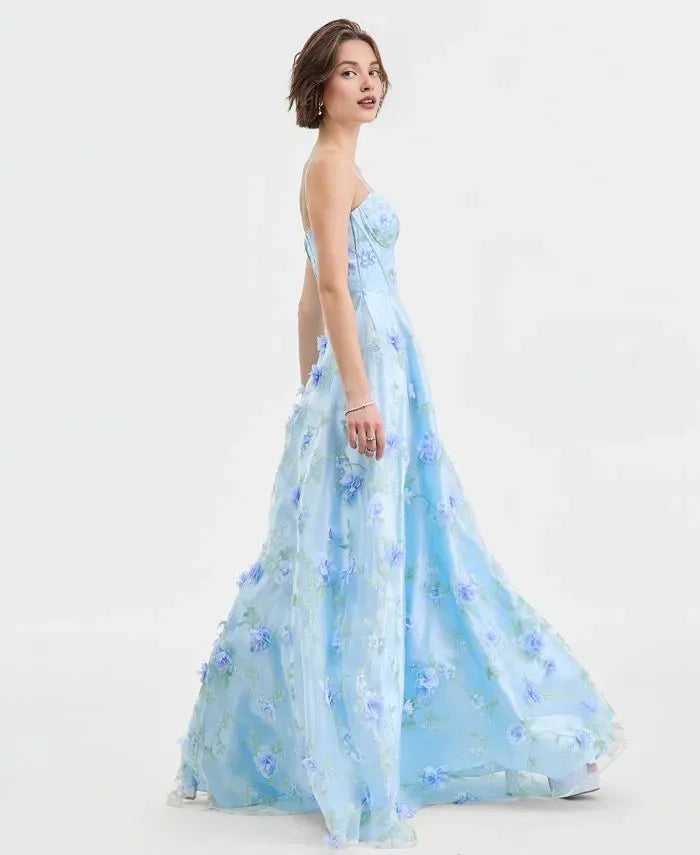 Romantic Ball Gown Sweetheart Sleeveless Flower Printed Tulle Floor-Length Prom Dress