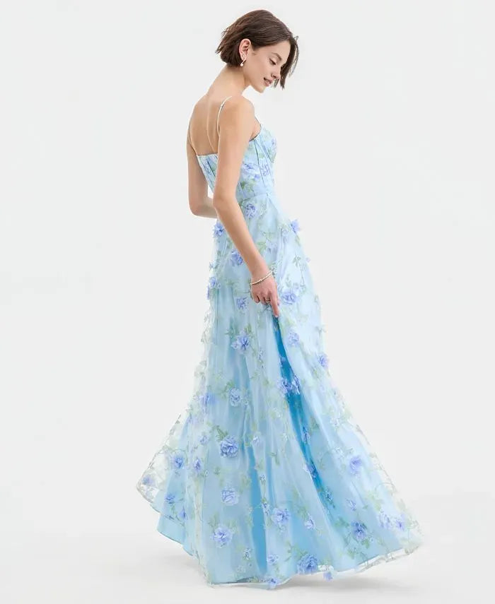 Romantic Ball Gown Sweetheart Sleeveless Flower Printed Tulle Floor-Length Prom Dress