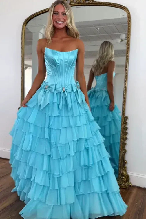 Romantic Bateau Strapless Sleeveless A-Line Chiffon Bows Tiered Long Prom Dress