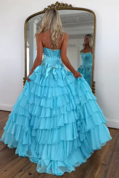 Romantic Bateau Strapless Sleeveless A-Line Chiffon Bows Tiered Long Prom Dress