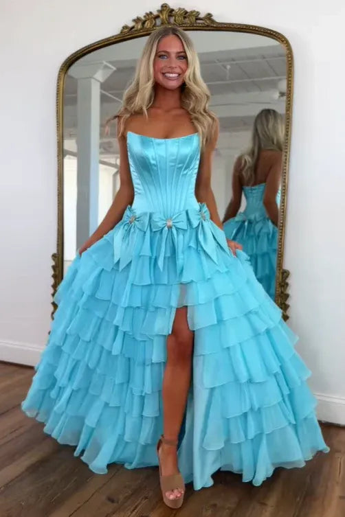 Romantic Bateau Strapless Sleeveless A-Line Chiffon Bows Tiered Long Prom Dress