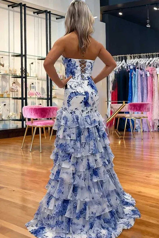 Romantic Blue Floral Strapless Tiered Ruffled Mermaid Gown With Lace-Up Back