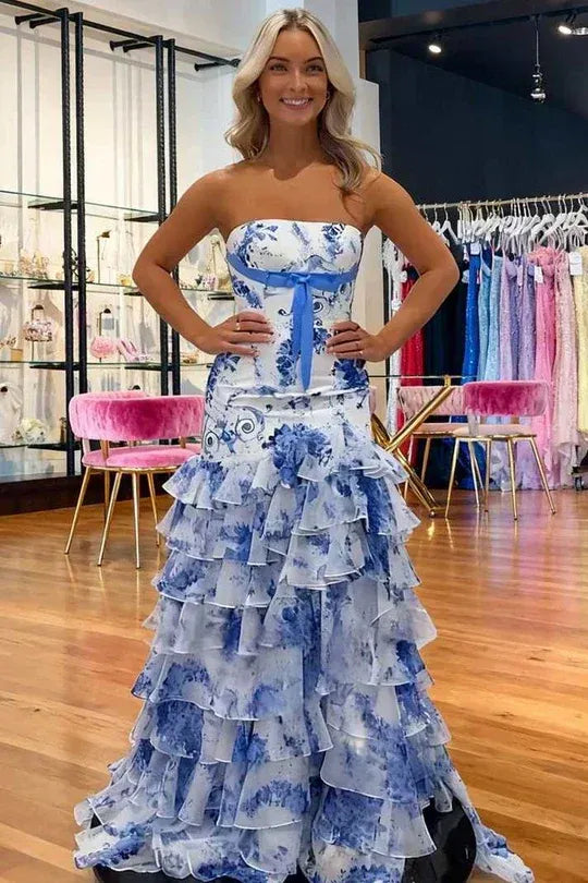 Romantic Blue Floral Strapless Tiered Ruffled Mermaid Gown With Lace-Up Back