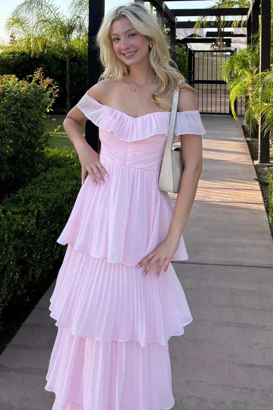 Romantic Blush Pink Off-Shoulder Tiered Ruffled Maxi Prom Dress