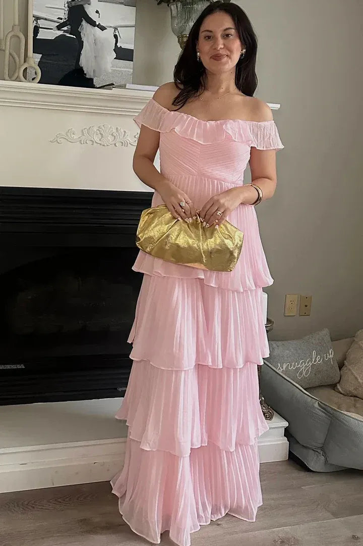 Romantic Blush Pink Off-Shoulder Tiered Ruffled Maxi Prom Dress