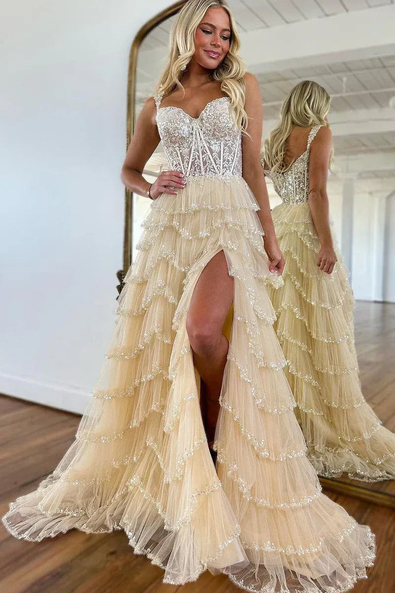 Romantic Champagne Spaghetti Strap Tiered Ruffled Gown With Lace Corset Bodice