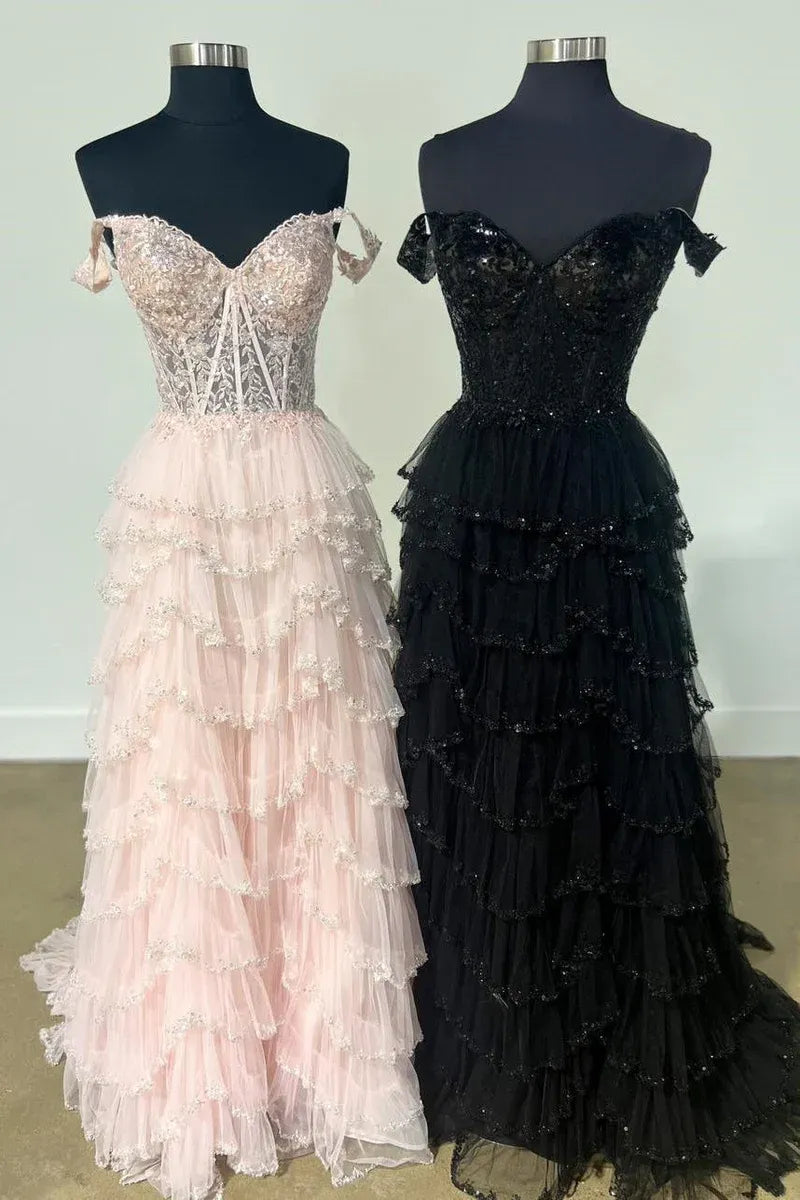 Romantic Champagne Spaghetti Strap Tiered Ruffled Gown With Lace Corset Bodice