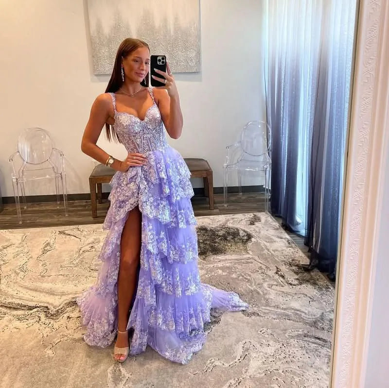Romantic Corset Bodice Sleeveless Ball Gown Tulle Tiered Long Prom Dress