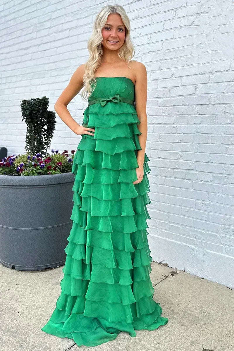 Romantic Emerald Green Strapless Tiered Ruffled Gown With Bow Detail