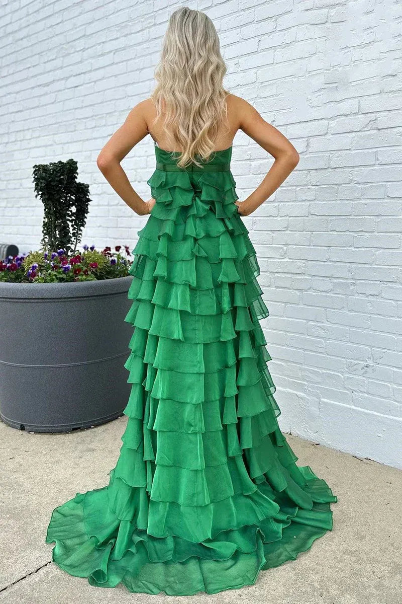 Romantic Emerald Green Strapless Tiered Ruffled Gown With Bow Detail