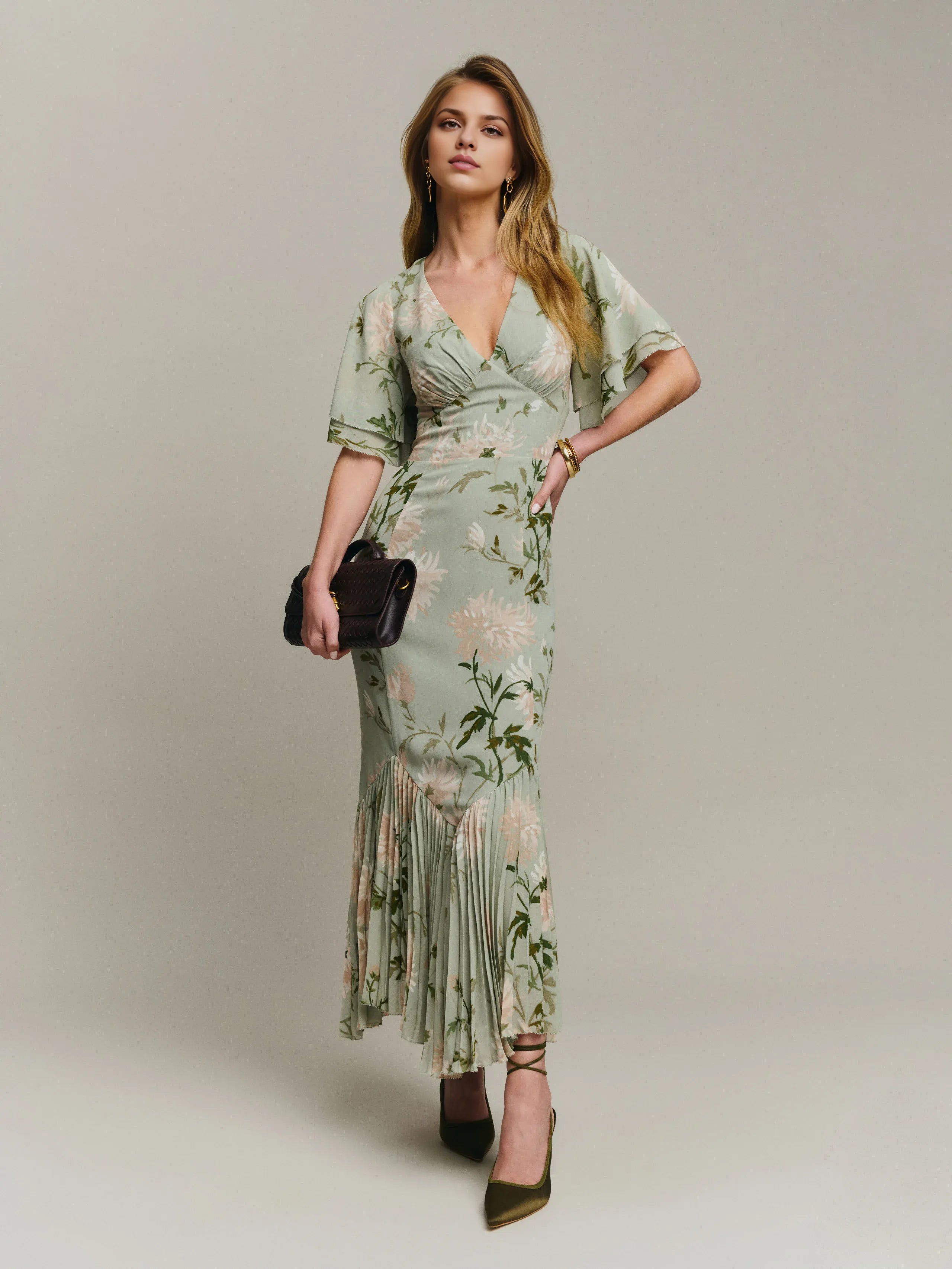 Weitese Dress Romantic Flower Printed V Neck Sleeveless Mermaid Prom Dress Maxi Dress Backless Asymmetrical Hem Evening Dress