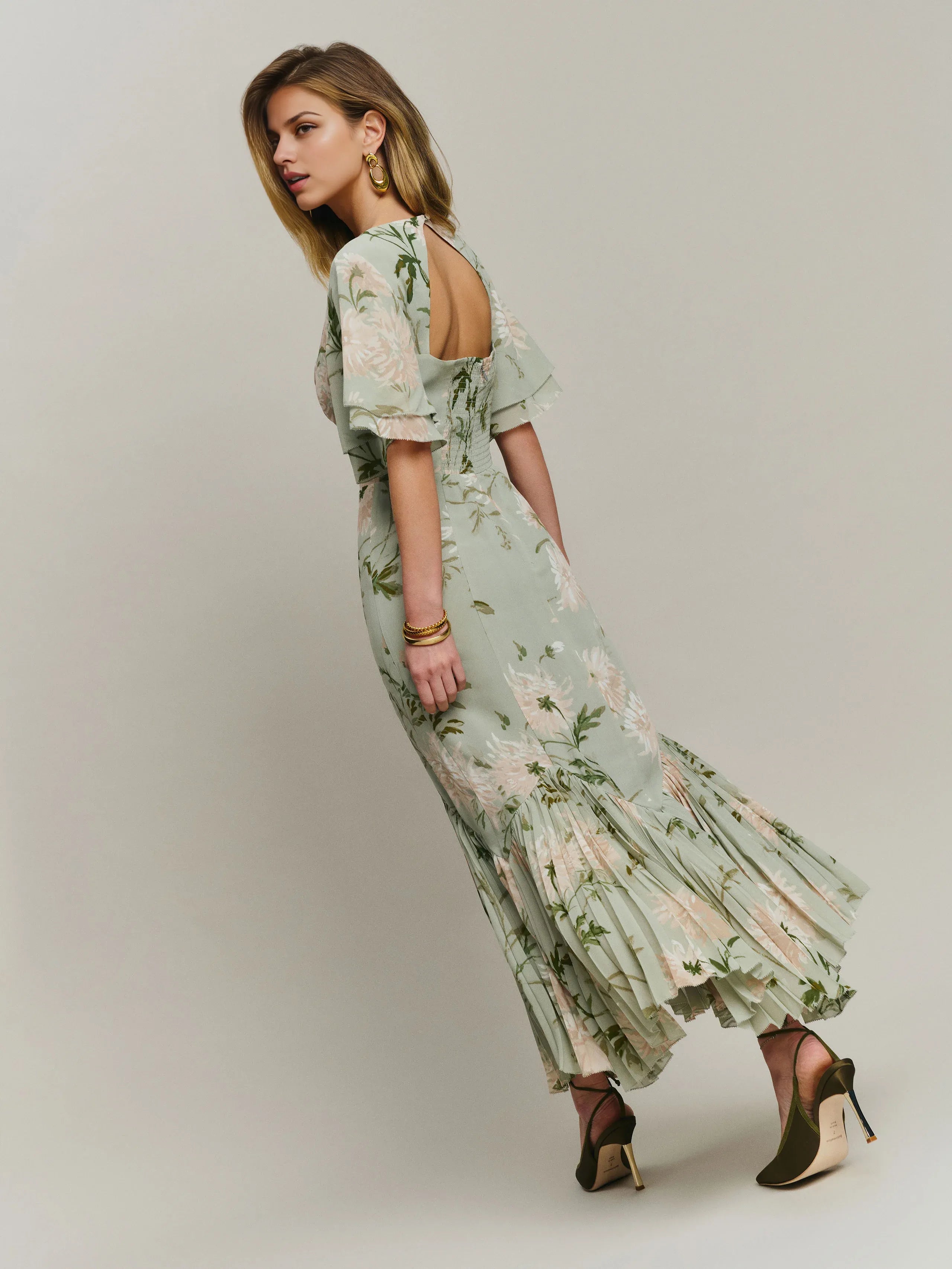 Weitese Dress Romantic Flower Printed V Neck Sleeveless Mermaid Prom Dress Maxi Dress Backless Asymmetrical Hem Evening Dress