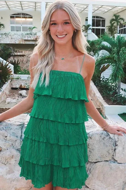 Romantic Green Spaghetti Strap Tiered Ruffled Mini Homecoming Dress