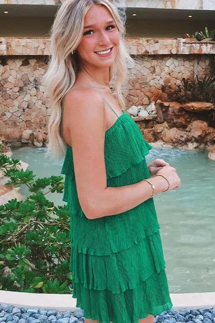 Romantic Green Spaghetti Strap Tiered Ruffled Mini Homecoming Dress