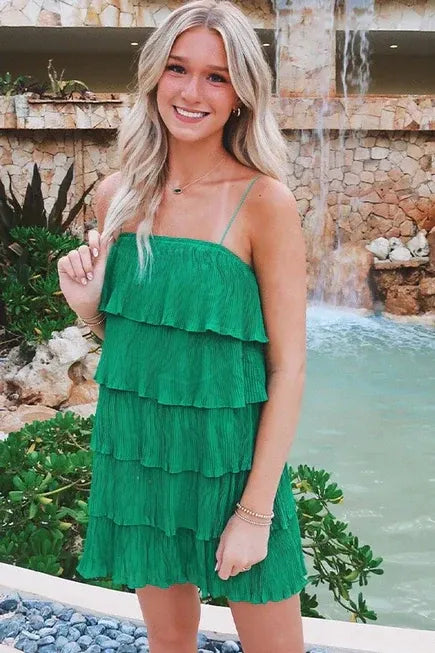 Romantic Green Spaghetti Strap Tiered Ruffled Mini Homecoming Dress