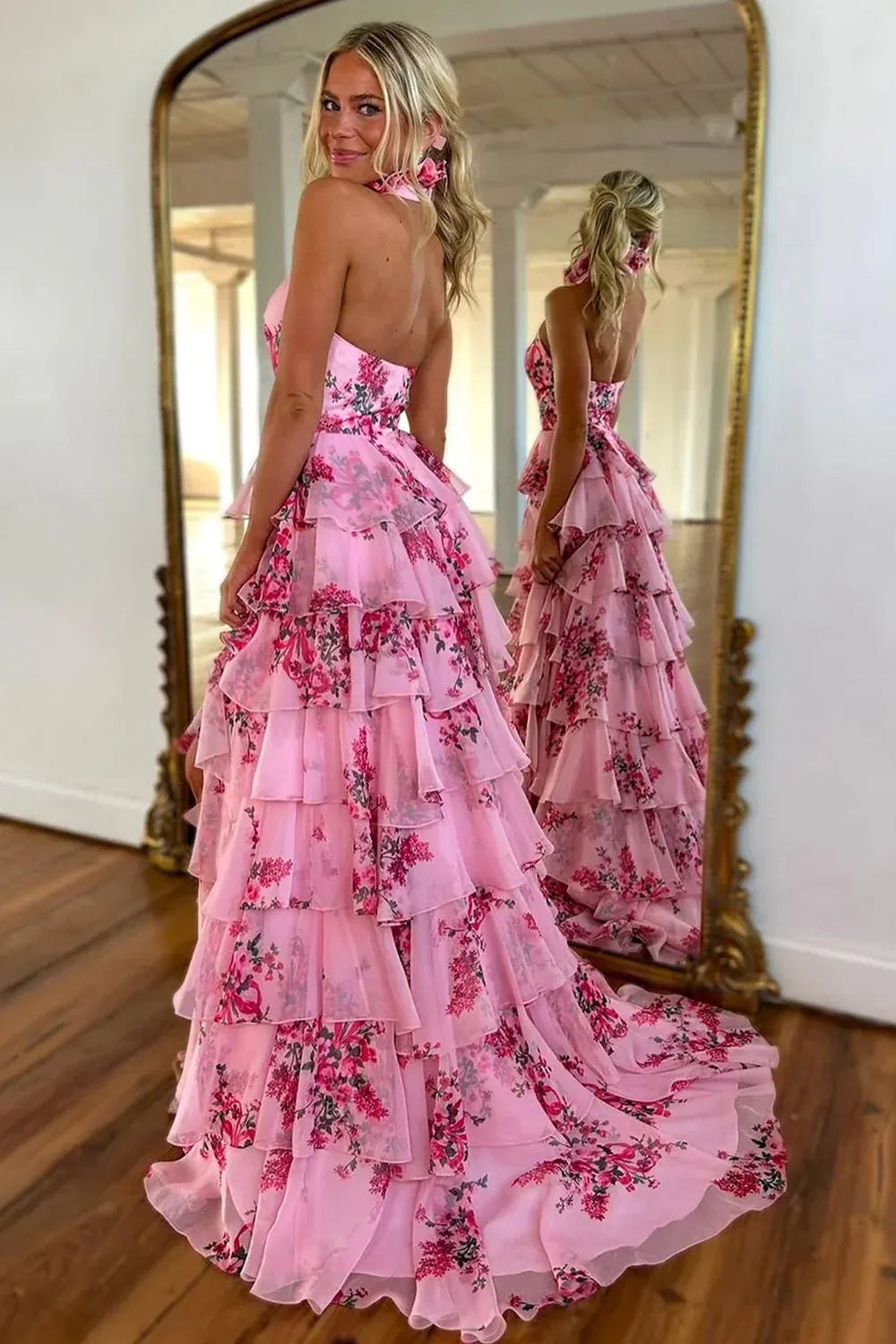 Romantic High Neck Sleeveless A-Line Empire Chiffon Tiered Slit Long Prom Dress