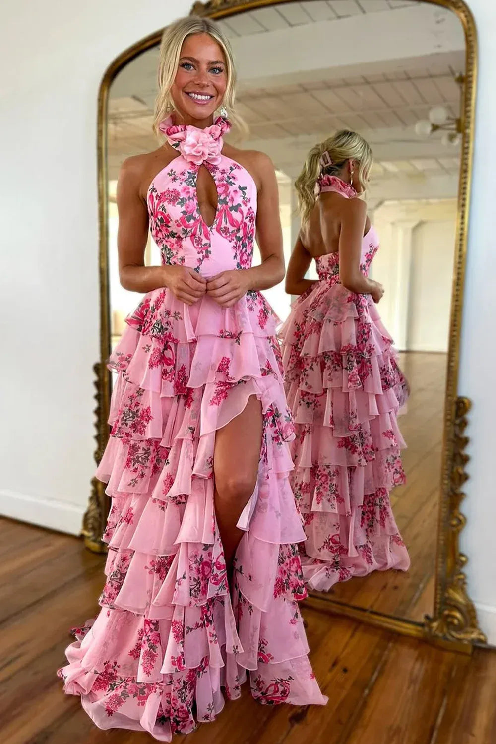 Romantic High Neck Sleeveless A-Line Empire Chiffon Tiered Slit Long Prom Dress