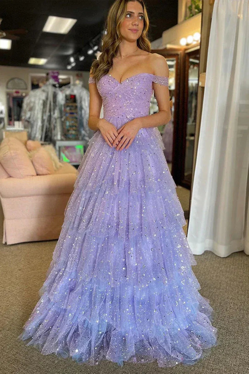 Romantic Lavender Off-Shoulder Tiered Ruffled Glitter Gown
