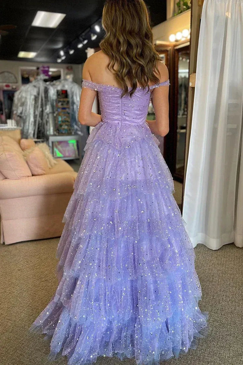 Romantic Lavender Off-Shoulder Tiered Ruffled Glitter Gown