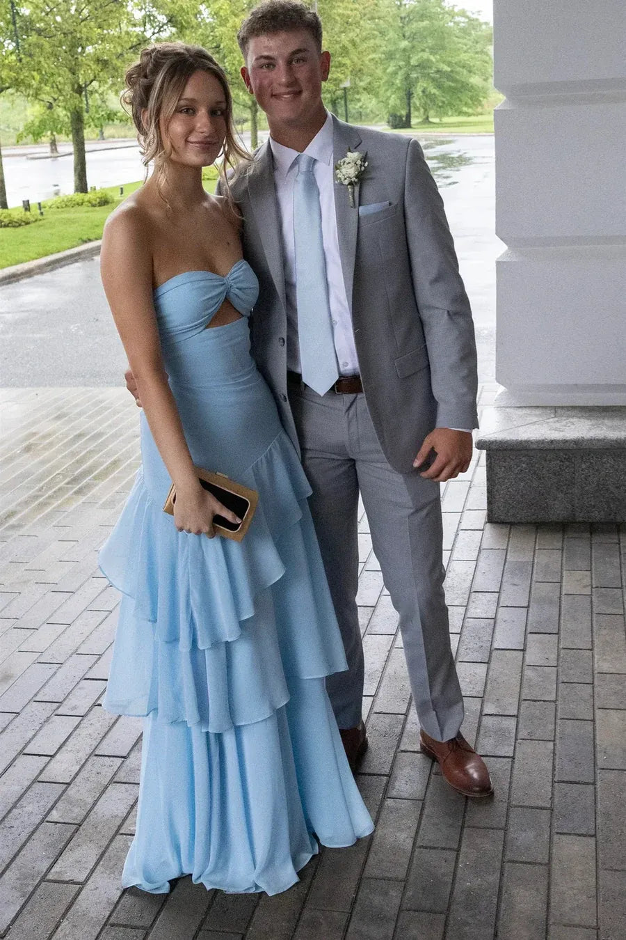 Romantic Light Blue Strapless Tiered Ruffled Maxi Prom Dress With Cutout