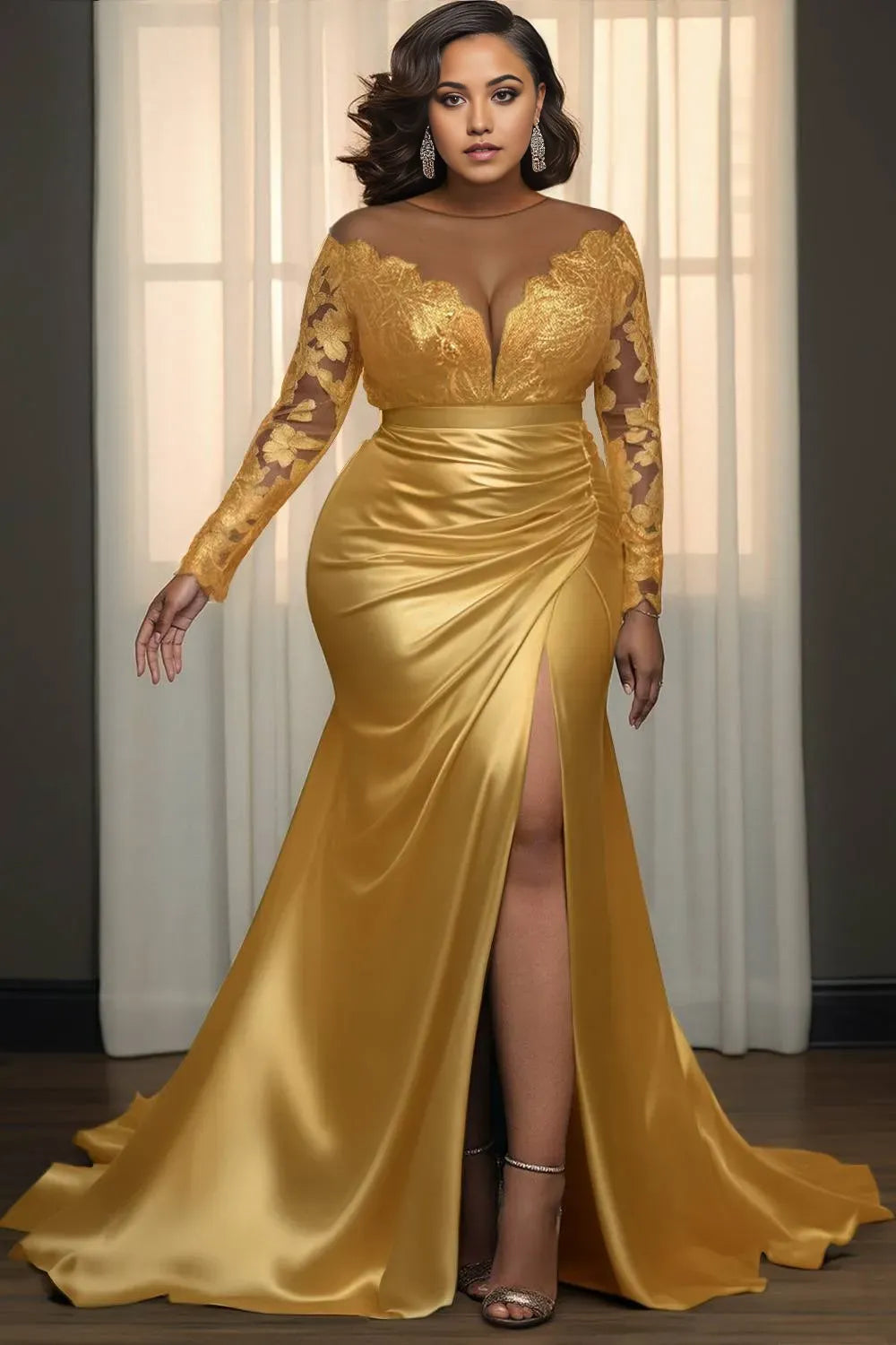 Romantic Mermaid/Trumpet Scoop Neck Long Sleeve Split Lace Plus Size Floor Length Prom Dress