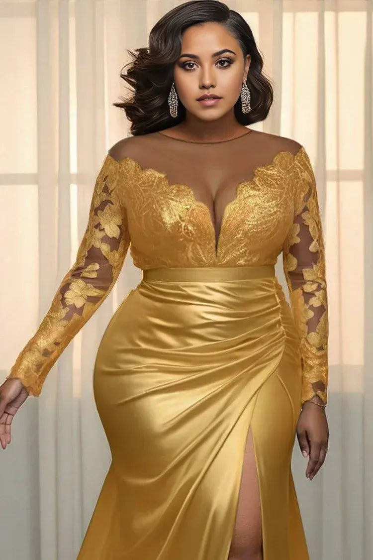 Romantic Mermaid/Trumpet Scoop Neck Long Sleeve Split Lace Plus Size Floor Length Prom Dress