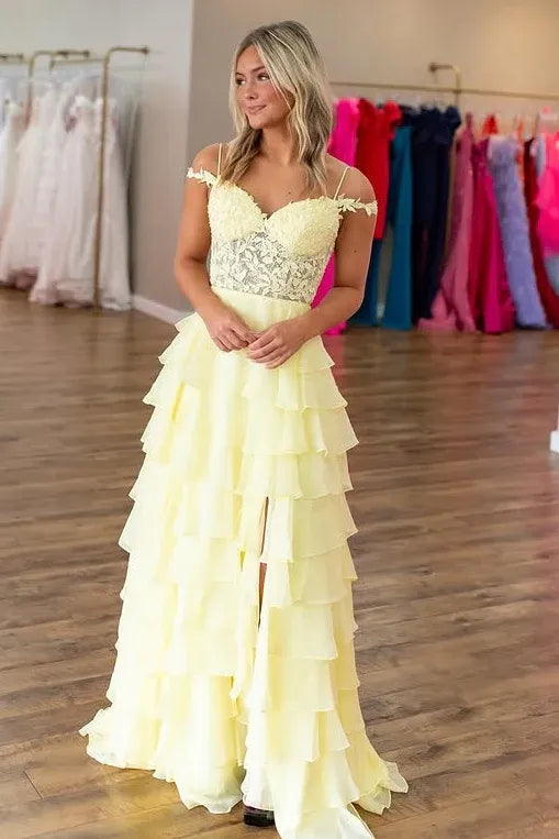Romantic Off-Shoulder Sleeveless Empire A-Line Chiffon Tiered Appliques Long Prom Dress