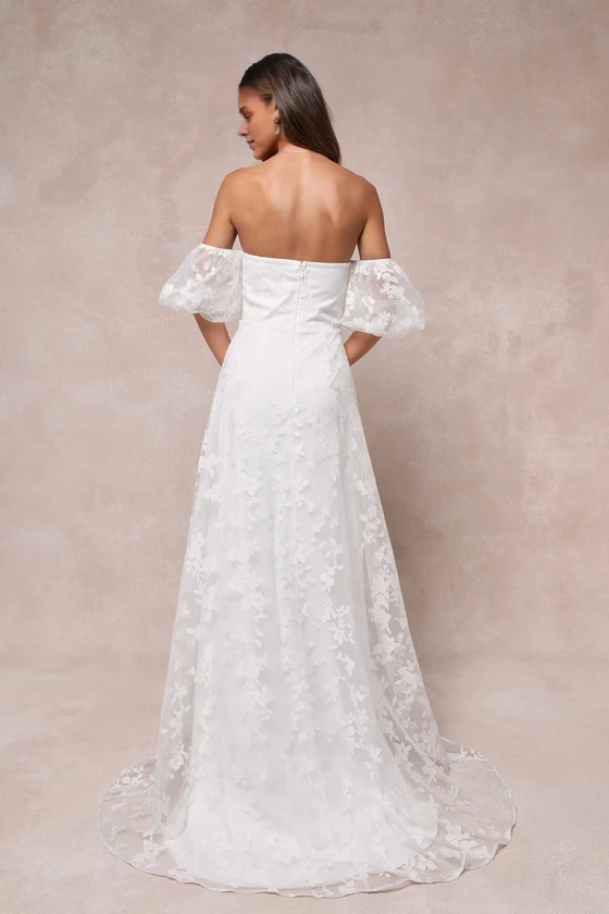 Romantic Off-the-Shoulder White Floral Off-the-Shoulder Wedding Gown