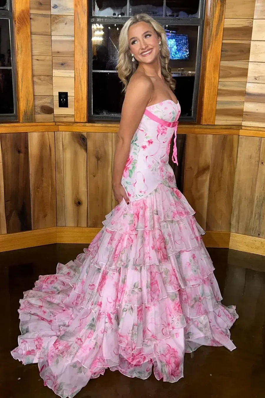 Romantic Pink Floral Strapless Tiered Ruffled Mermaid Gown