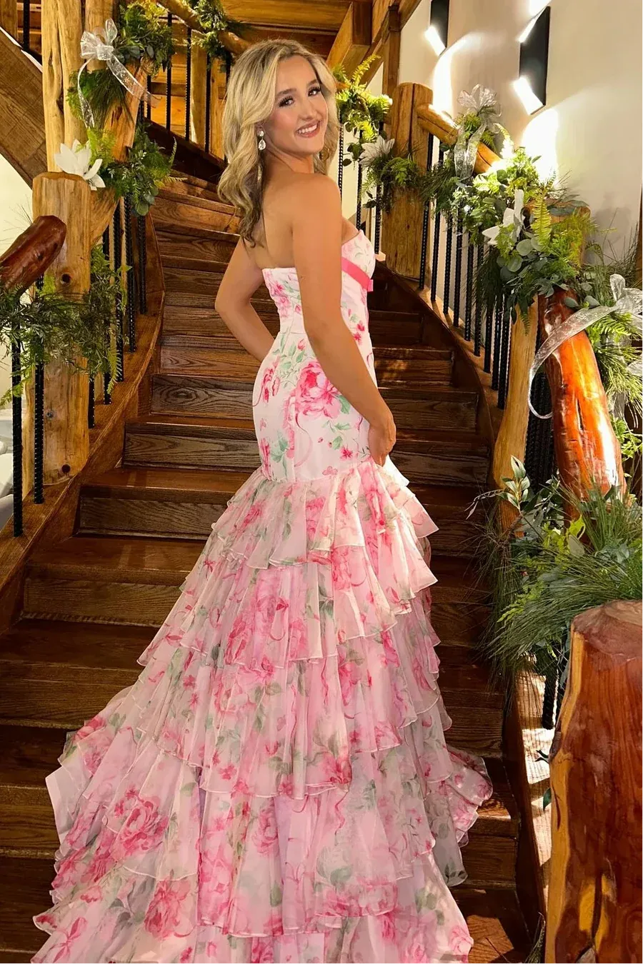 Romantic Pink Floral Strapless Tiered Ruffled Mermaid Gown