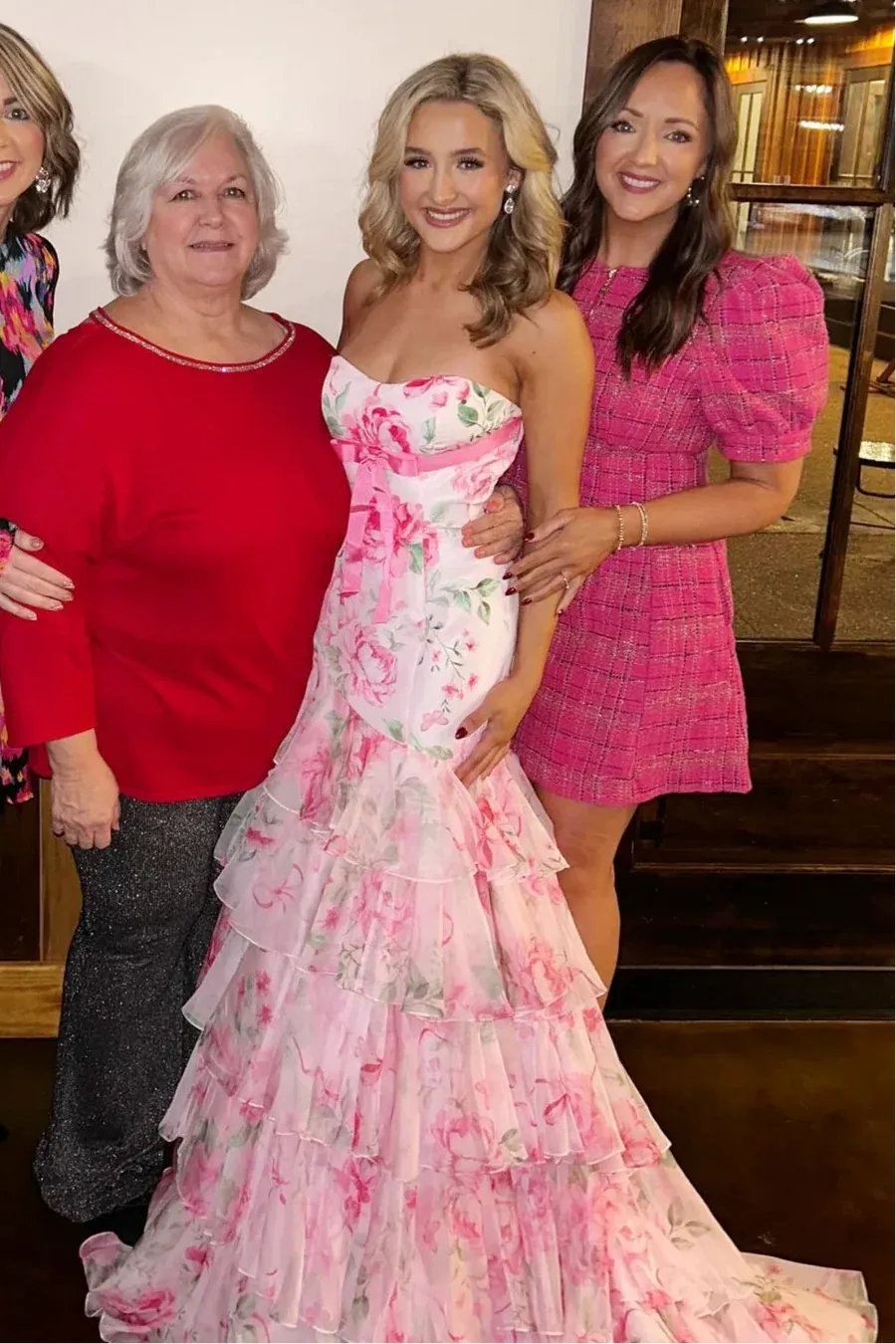Romantic Pink Floral Strapless Tiered Ruffled Mermaid Gown