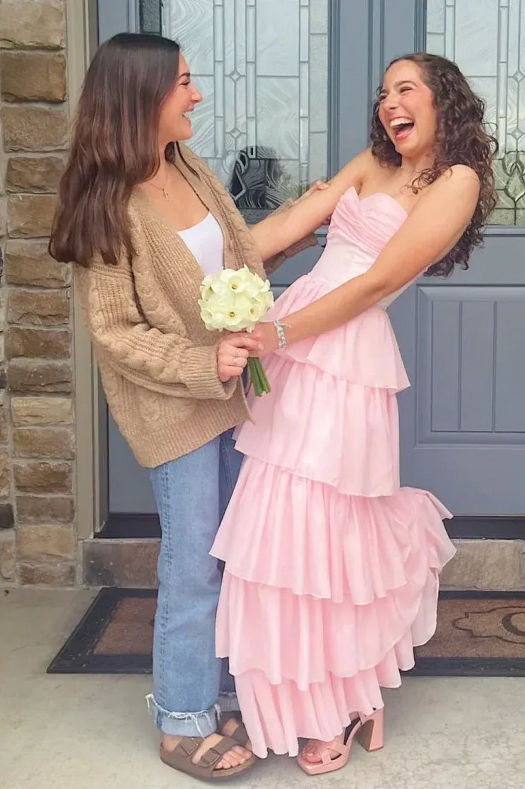Romantic Pink Strapless Tiered Ruffled Organza Prom Gown