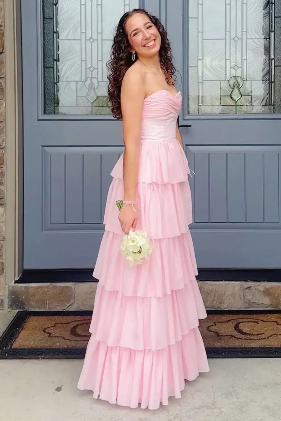 Romantic Pink Strapless Tiered Ruffled Organza Prom Gown