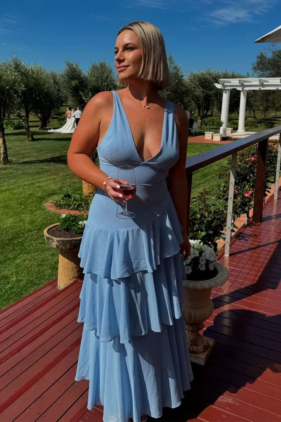 Romantic Sky Blue V-Neck Tiered Ruffled Maxi Gown Prom Dress