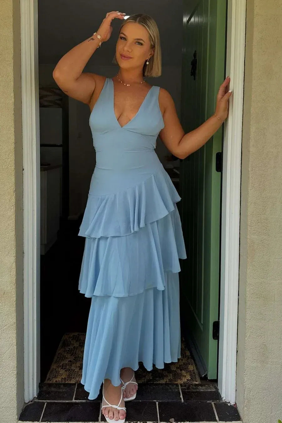 Romantic Sky Blue V-Neck Tiered Ruffled Maxi Gown Prom Dress