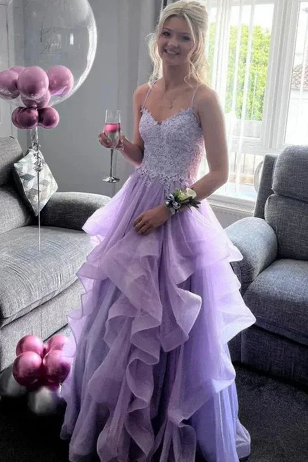 Romantic Spaghetti Strap V-Neck Lace Ruffle Tulle Prom Gown