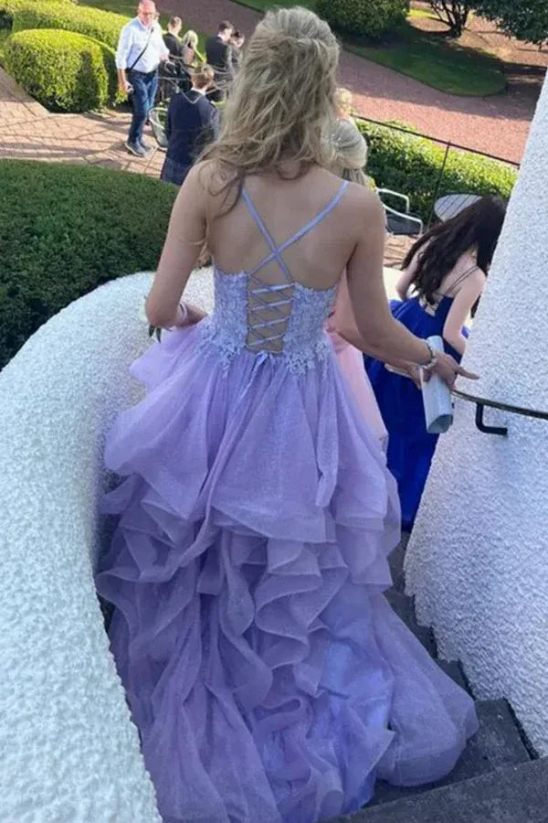 Romantic Spaghetti Strap V-Neck Lace Ruffle Tulle Prom Gown