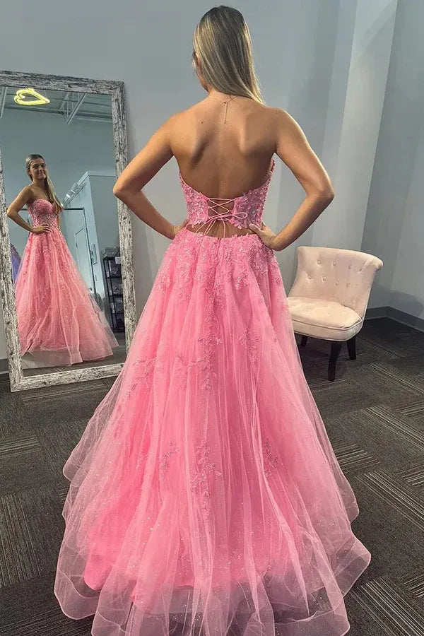 Romantic Strapless Beaded Lace Appliques Tulle Ball Gown Prom Dress