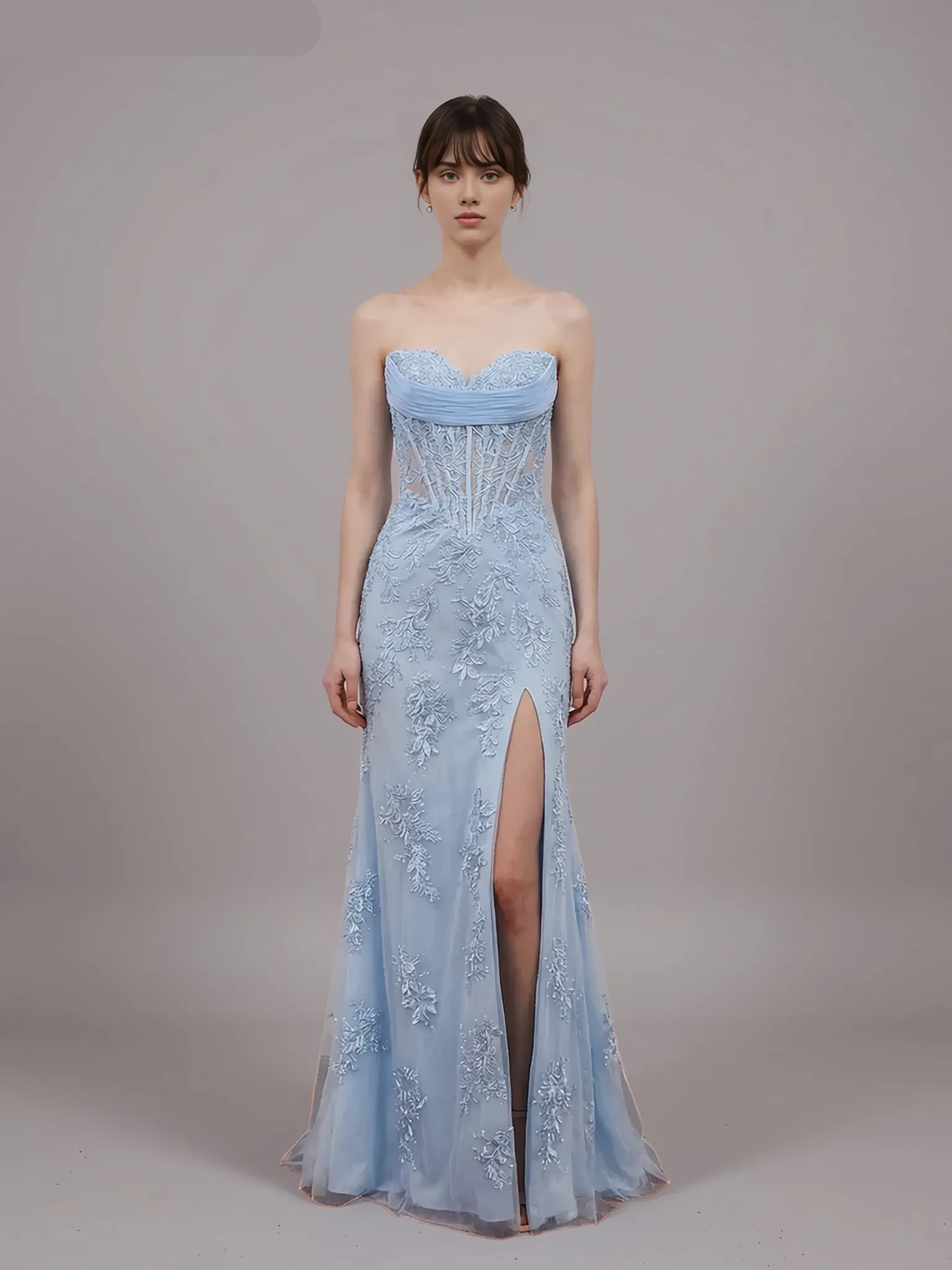 Romantic Strapless Lace Appliques Slit Mermaid Evening Gown