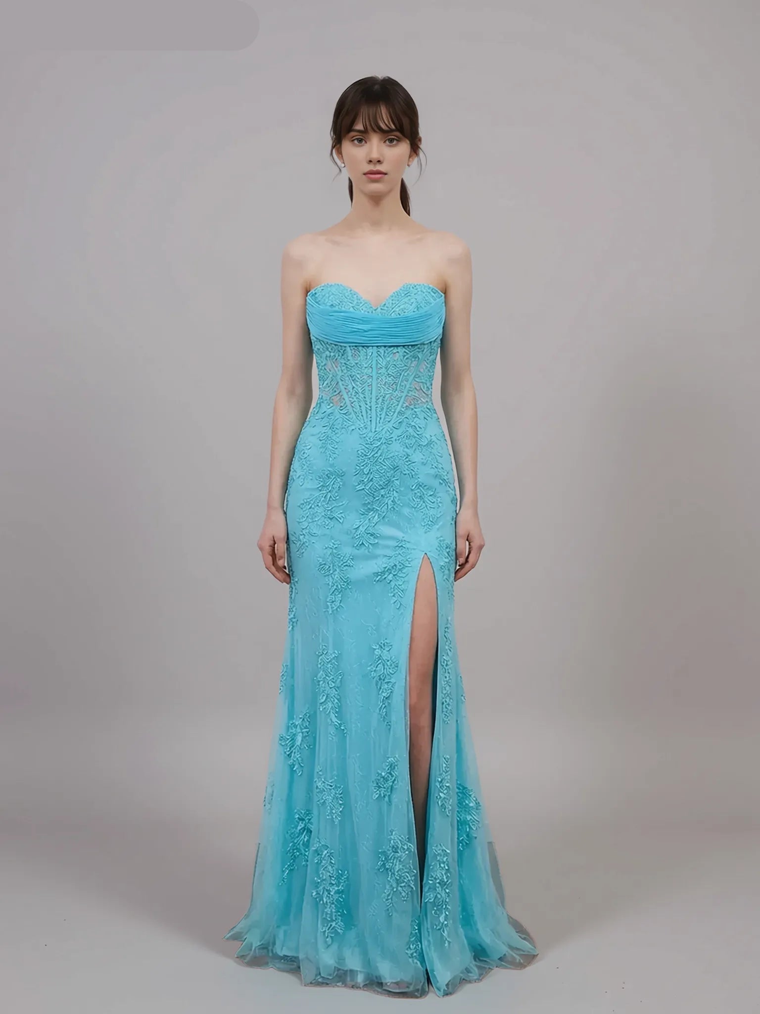 Romantic Strapless Lace Appliques Slit Mermaid Evening Gown