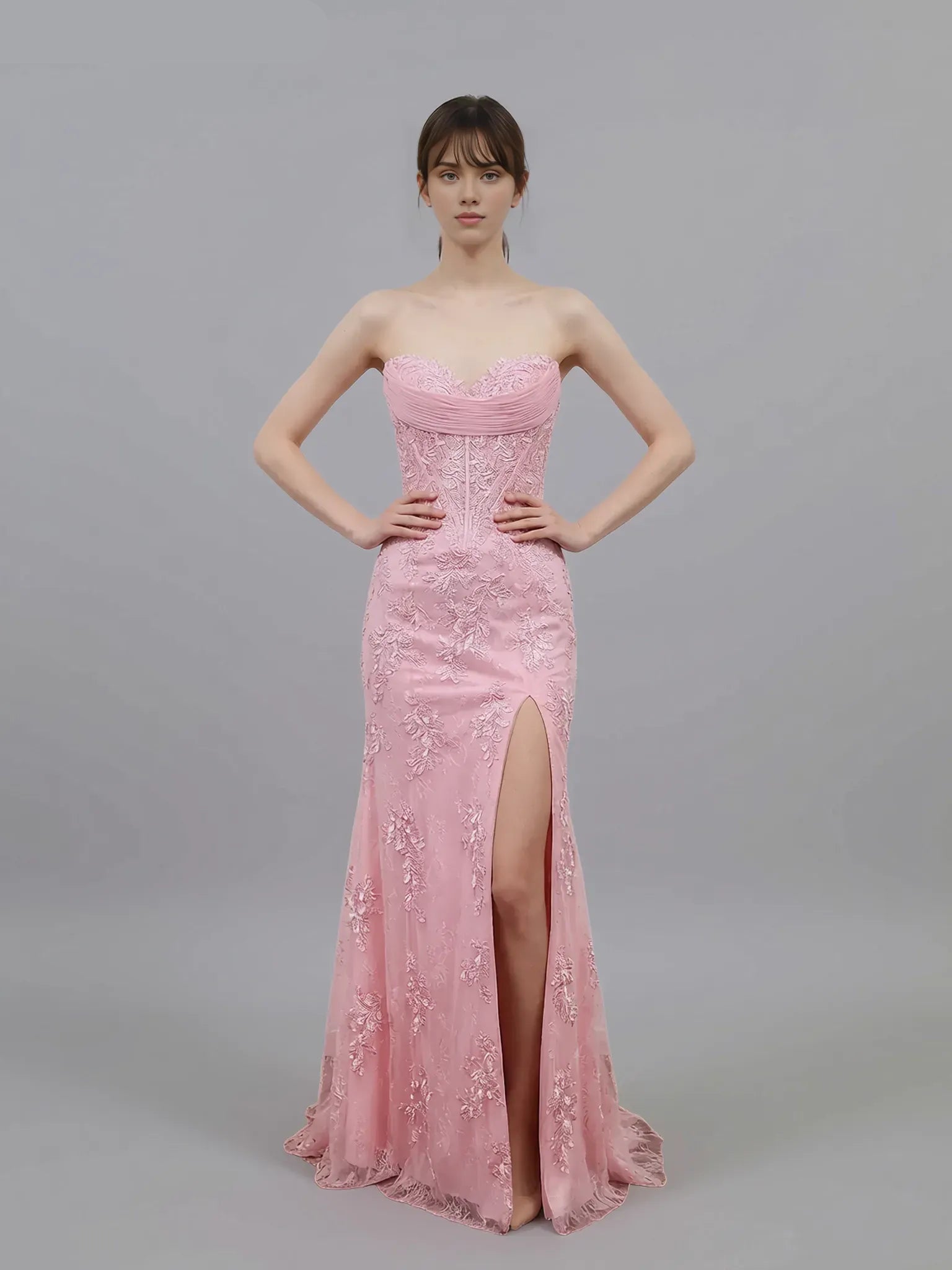 Romantic Strapless Lace Appliques Slit Mermaid Evening Gown