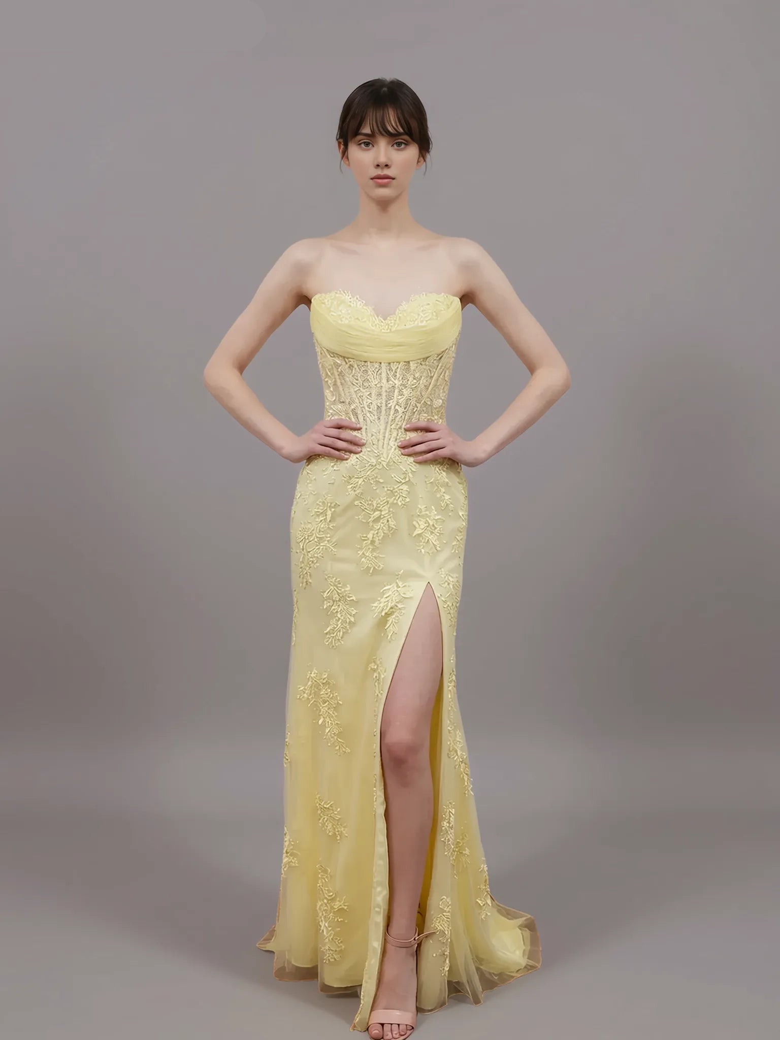 Romantic Strapless Lace Appliques Slit Mermaid Evening Gown