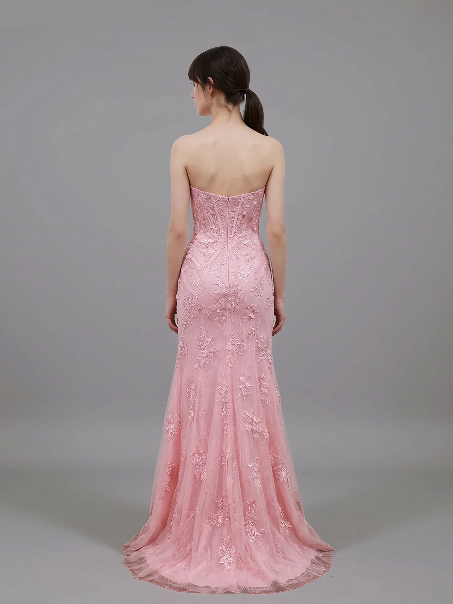 Romantic Strapless Lace Appliques Slit Mermaid Evening Gown