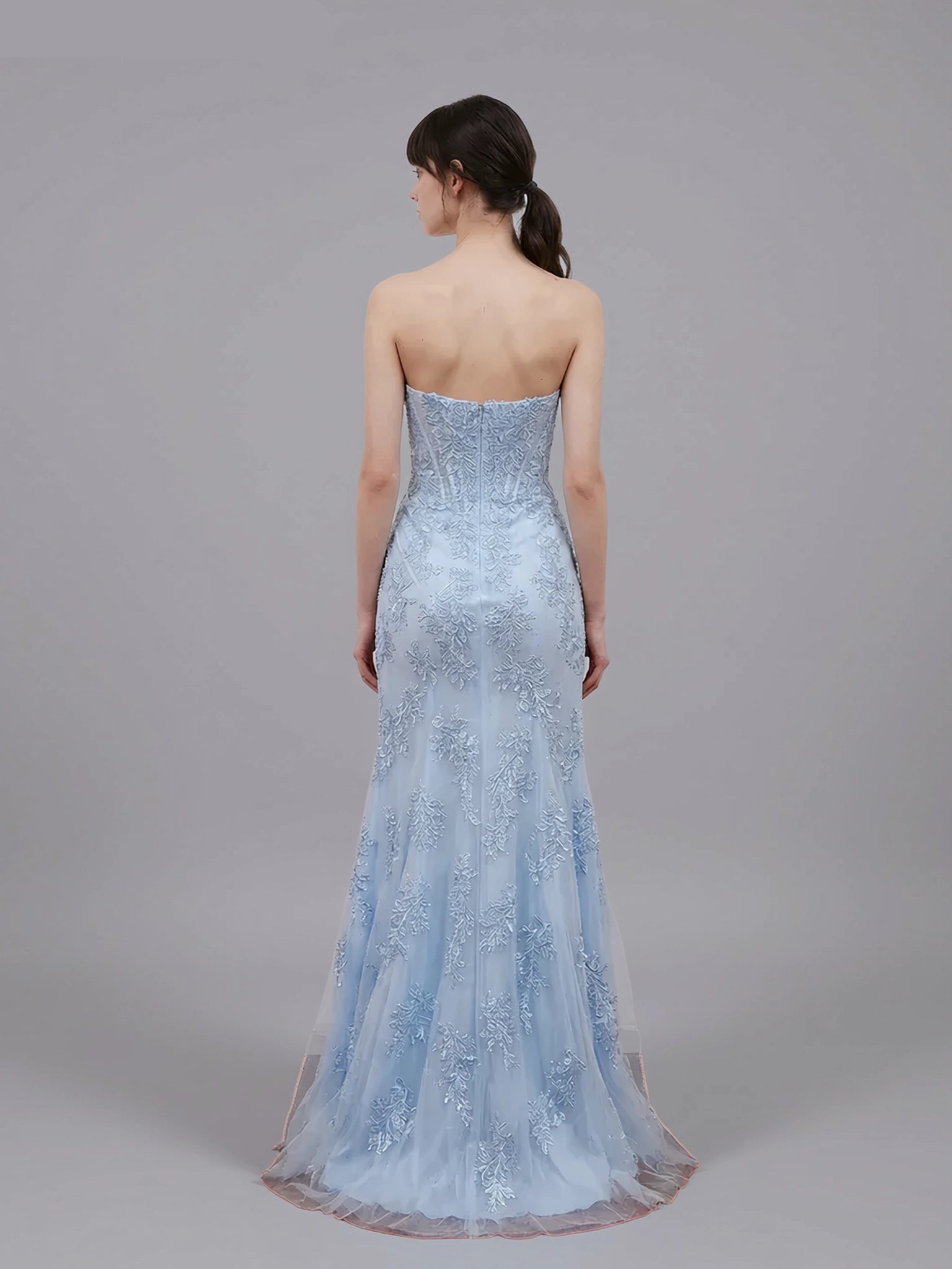Romantic Strapless Lace Appliques Slit Mermaid Evening Gown