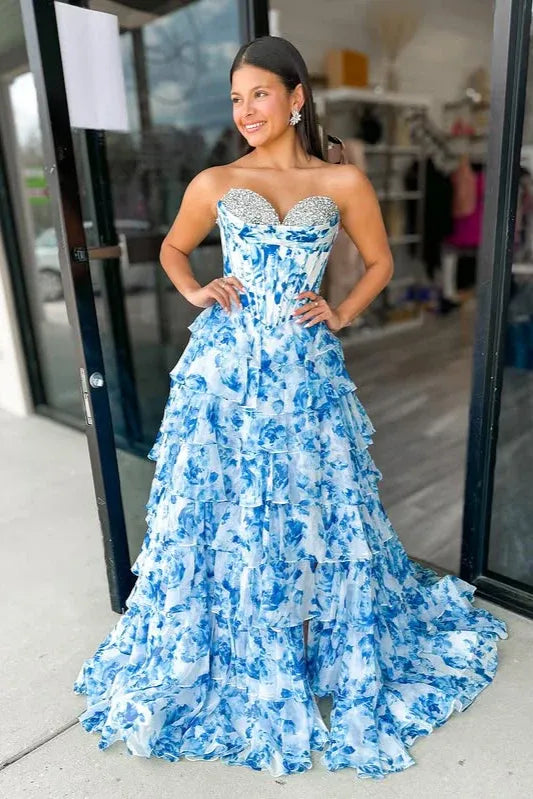 Romantic Sweetheart Sleeveless Empire A-Line Chiffon Tiered Long Prom Dress