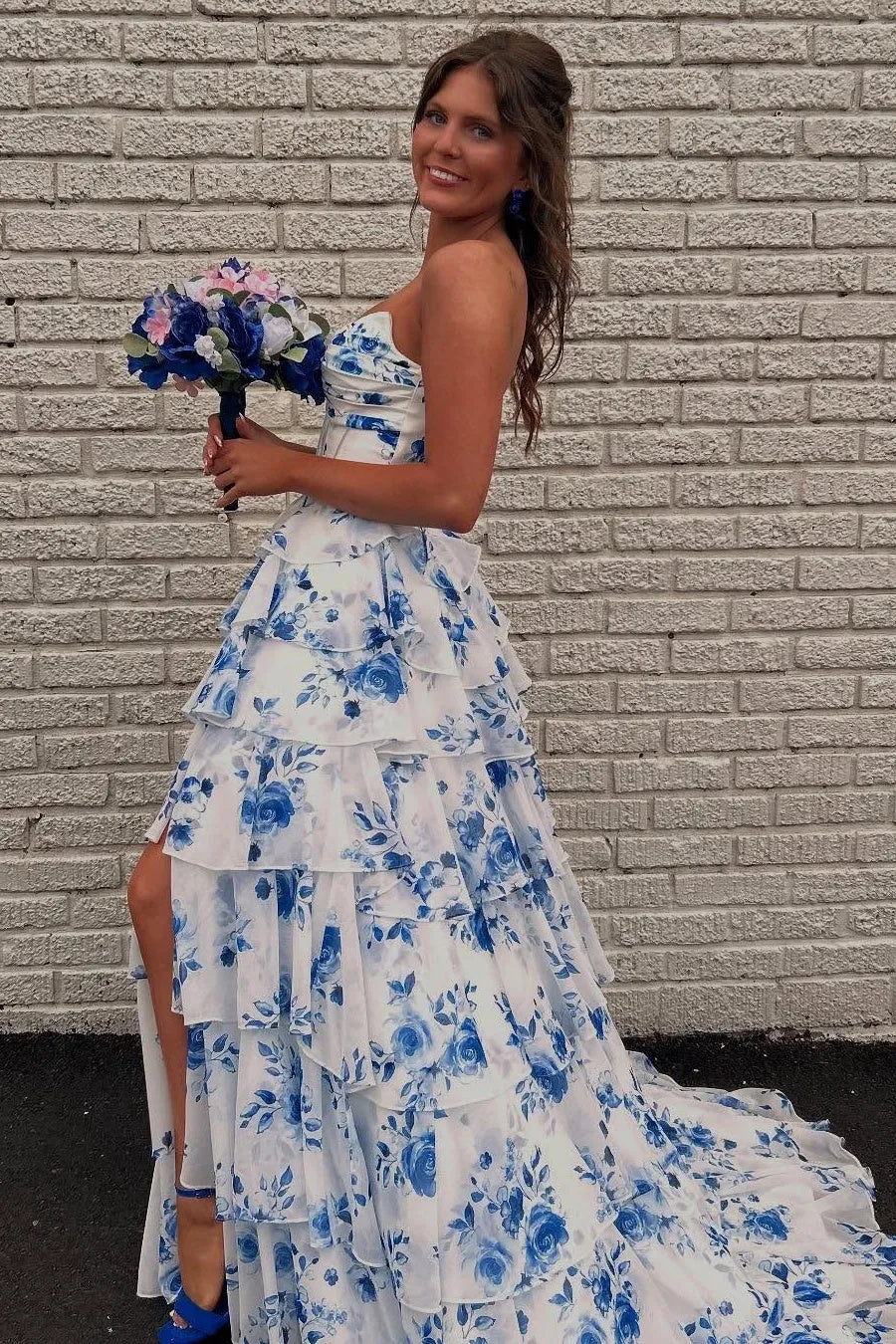Romantic Tiered Strapless Sleeveless Chiffon A-Line Prom Dress